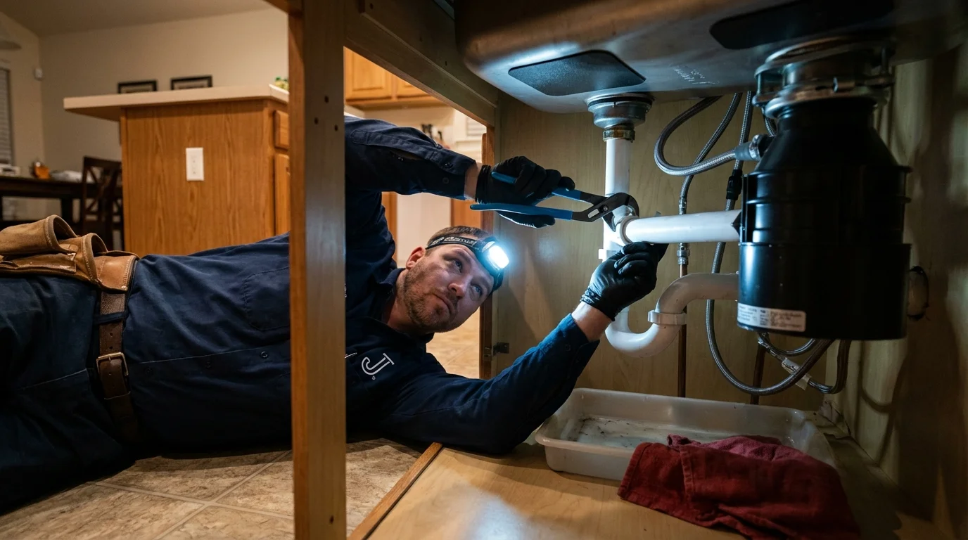 P-trap and supply line connections under a kitchen sink showing a common leak point in Parsons, KS
